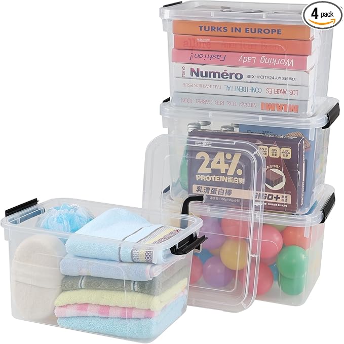 Anbers Plastic Lidded Storage Bins, 4 Packs Latching Storage Container Box (10.5 Qt)