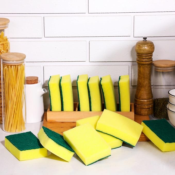 Tanlade 600 Pcs Individually Wrapped Dishwashing Sponge Bulk Non Scratch Scrub Sponges Kitchen Scouring Pad for Household Cleaning Rental Dishes Hotel Apartment Car (Yellow, Green)