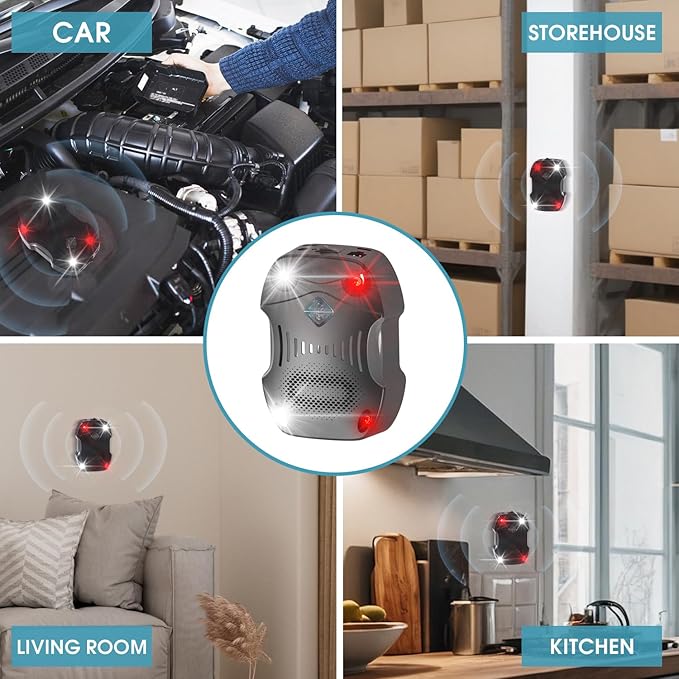 Ultrasonic Rodent Control Repeller, Under Hood Mice Repellent Battery Operated Car Rat Repellent Mice Deterrent Keep Animal Away from Car Engine Garage Attic Basement Warehouse Barn Vehicle Protection