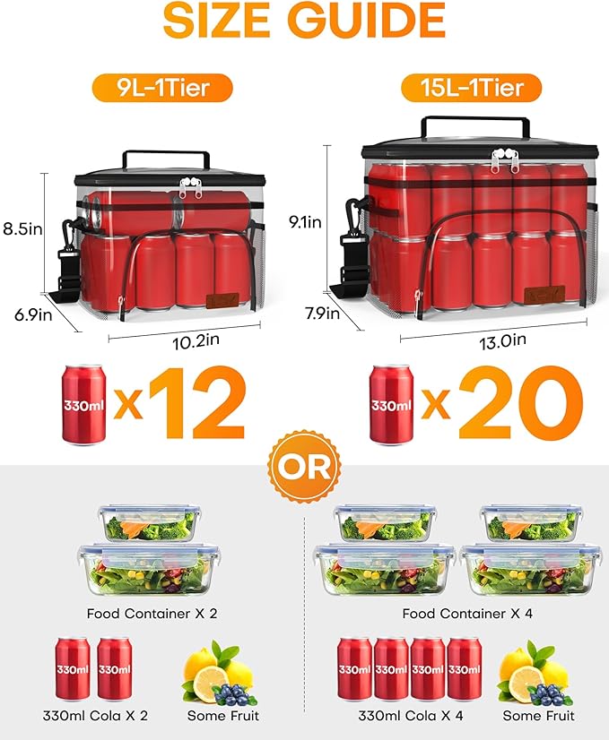 HOTOR Insulated Lunch Box for Men & Women - Leak-Proof Cooler Lunch Bag with 4 Pockets, Adjustable Strap, Ideal for Work, Picnic, Travel - Medium, Black, 10.2"×6.9"×8.5"