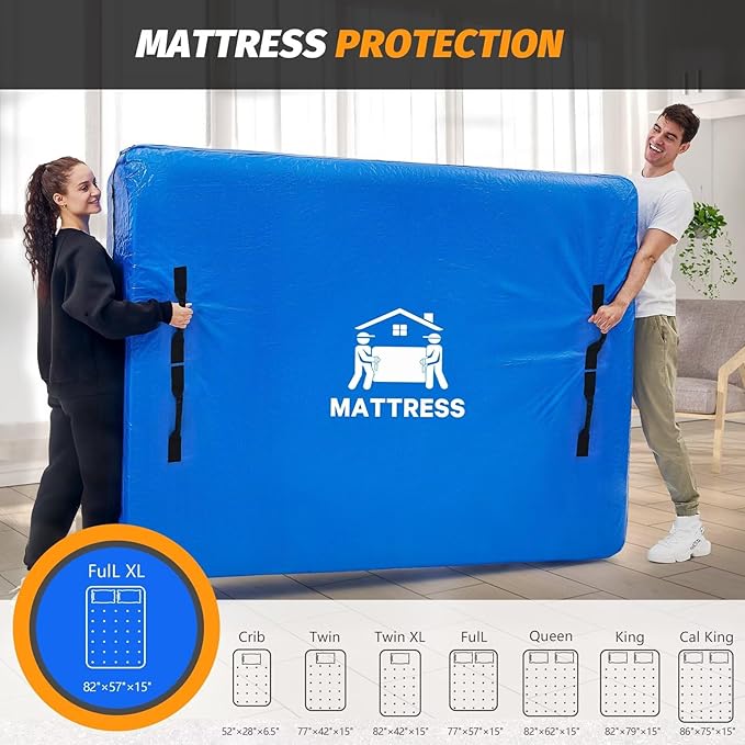 Mattress Bags for Moving, BETU Mattress Protector Waterproof Mattress Cover Full XL Size Storage Bags with 8 Heavy-Duty Handles and Zipper for Bed Extra Thick Large Reusable (82"x57"x15" Blue)
