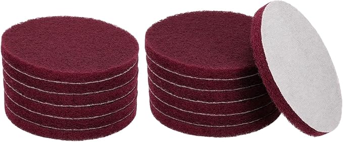 HARFINGTON 12pcs Scrubber Scouring Pads 400 Grits 5 Inch Drill Power Brush Hoop and Loop Surface Conditioning Disc Drill Scuffing Disc Scrub Pads for Home Kitchen Cleaning, Red