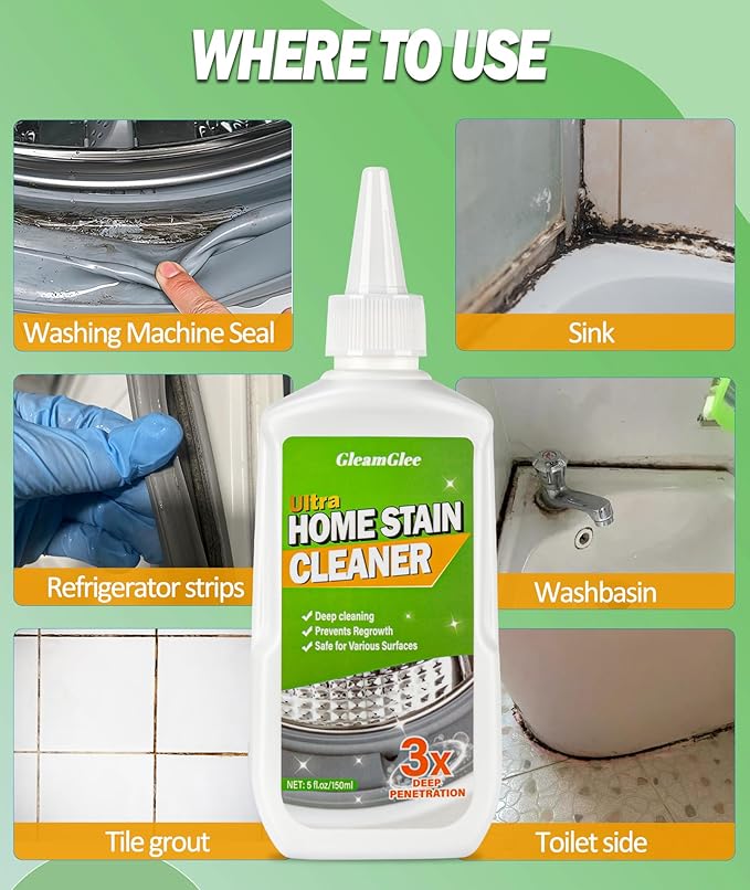 GleamGlee Home Remover Gel, 2 Pack Powerful Washing Machine Gasket Cleaner, Heavy Duty Cleaning Solution for Washing Machine, Refrigerator Strips, Bathroom Grout, Tiles, Sink, Shower - 10 Fl.Oz