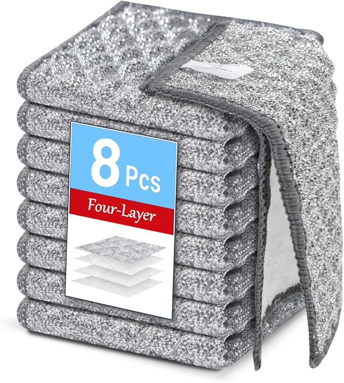 Wangjinpeng 8 PCS Four-Layer Non-Scratch Multipurpose Steel Wire Dishcloths - Reusable Quick-Dry Odor-Free Scrub Cloths for Dishes, Kitchen Cleaning Cloths for Cookware, Sinks, Stove Tops(7.87X7.87)