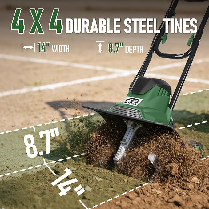 Prostormer Electric Tiller 14-Inch, 10-Amp Corded Cultivator with 14-Inch Tilling Width, Foldable Garden Rototiller with Wheels for Weeding and Soil Cultivation