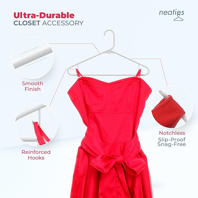 Neaties Plastic Hangers 50 Pack (60 Count) – Made in the USA – 6lb Capacity Standard Clothes Hangers with Strap Hooks for Dresses, Lingerie, Shirts, Pants, and Jackets – White & Mint