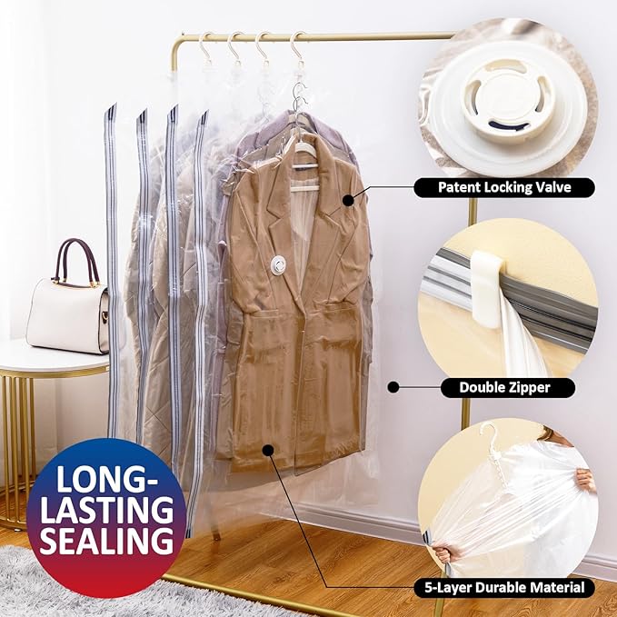 Hanging Vacuum Storage Bags, 6 Pack Large Hanging Space Saver Bags, Vacuum Sealed for Clothes Suits Dress Jackets for Moving Supplies(3 Long, 3 Short)