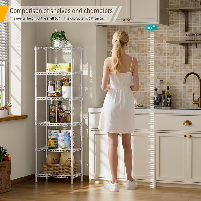 Golpart Small 6 tire Shelves Storage Wire Shelving Unit Metal Shelf Adjustable Organizers Storage Shelving for Bathroom Laundry Room Kitchen Pantry10”D x 16”W x 60”H White