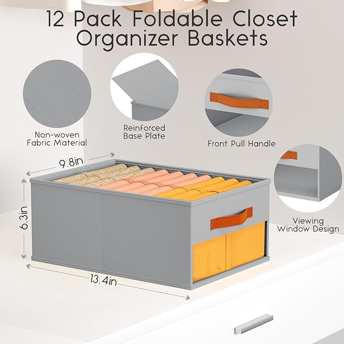 Homsorout Drawer Organizers and Storage - 12 Pack Foldable Pants Organizer with Clear Window & Handles, Fabric Closet Organizer for Clothes, Jeans, Sweaters, Towels, T-shirt, Scarf (Grey)