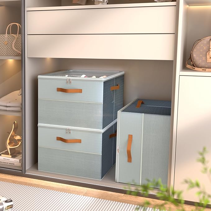 Shoe Organizer for Closet,2 Pack Foldable Shoe Storage Organizer Box Bin with Adjustable Dividers and Clear Cover, Fits up to 16-32 Pairs（Grey）
