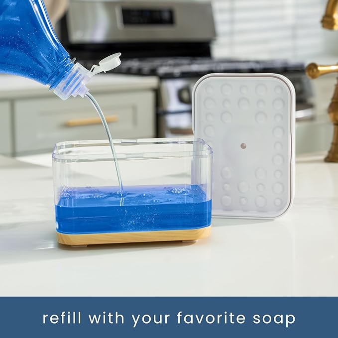 S&T INC. Dish Soap Dispenser and Sponge Holder for Kitchen Sink, Waterproof Labels and Sponge Included, 13 Ounces, Plastic, White and Bamboo
