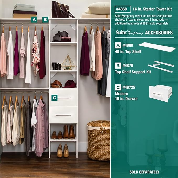 ClosetMaid SuiteSymphony Small Closet Organizer Starter Kit with Tower and 3 Hang Rods, Shelves, Adjustable, Customizable Wardrobe Organizer System, Reach-In or Walk-In Closets, Pure White