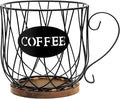 Rustic Metal K-Cup Coffee Pod Holder Mug - Large Wire Basket with Wooden Base for Countertop Coffee Storage - Farmhouse Decor for Home & Office (Rustic Brown-Round)