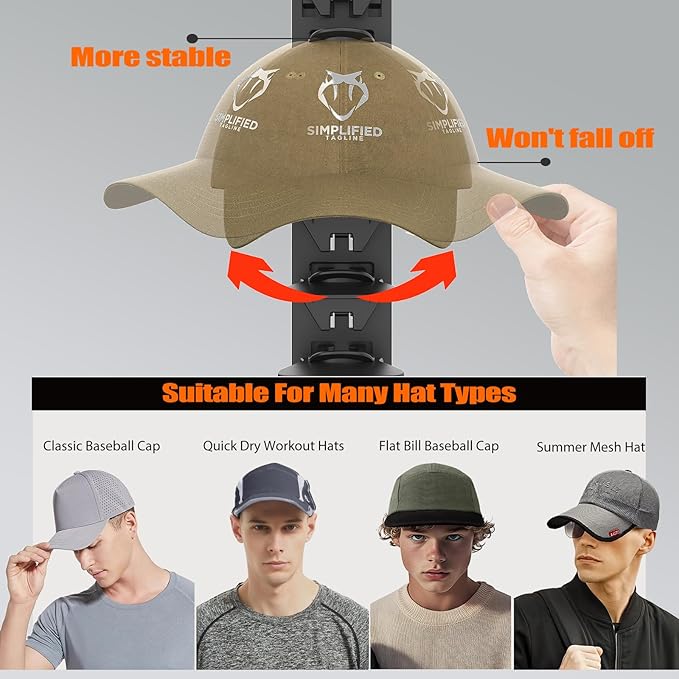 Hat Organizer for Baseball Caps Hold Up to 40 Hats, 2 Pack Hat Rack for Wall, Strong Adhesive Hat Storage Display Holder for Closet Door and Wall (Black)
