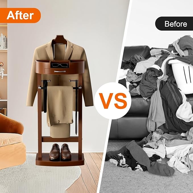 Wooden Suit Valet Stand for Men, Clothes Valet with Drawer, Shoe Rack, Tie Rack and Trouser Bar, Freestanding Clothes Organizer for Bedroom Entryway