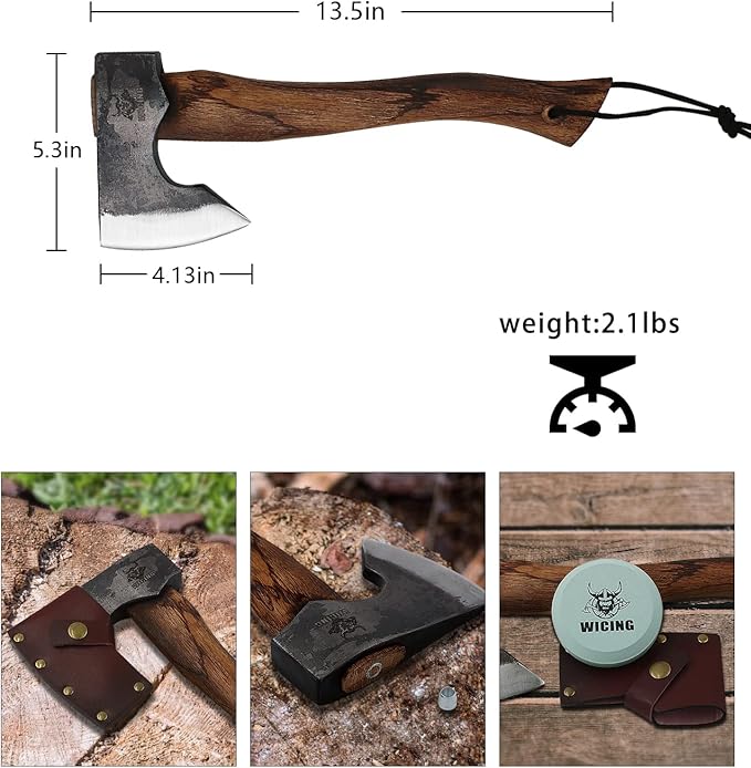 13.5 Inch Hatchet, Camping Axes and Hatchets 1065 Carbon Steel and Beech Handle, with Leather Sheath