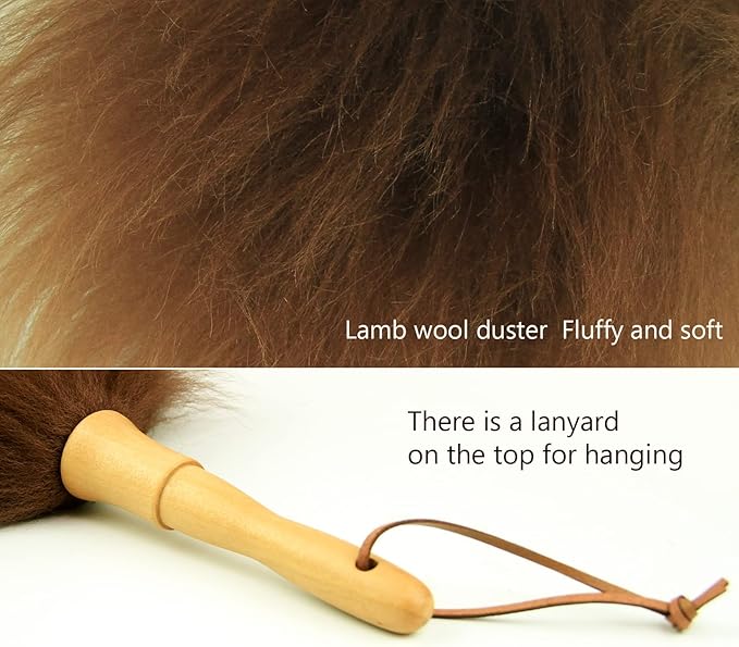 Lambswool Duster 16'' Length Solid Wooden Handle Leather Hang Strap for Cleaning Ceiling Fans Window Blinds Computer Furniture Figurines TV Natural Feather Duster,Brown