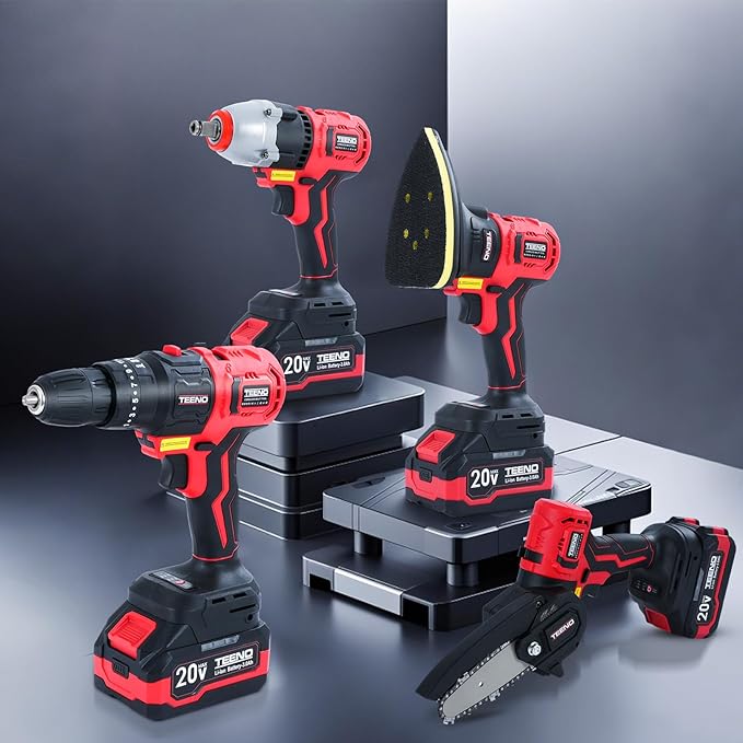 TEENO 20V MAX Power Tool Combo Kit, 7 Tool Cordless Power Tool Set with 3.0Ah Battery, Charger, and Tool Box Included, Brushless Combo Kit for Home Improvement, Yard Work & Woodworking