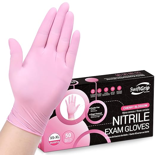 Nitrile Disposable Gloves - Medical Exam Gloves, Latex-Free, Pink, Powder-Free, 50-ct Box (Small)