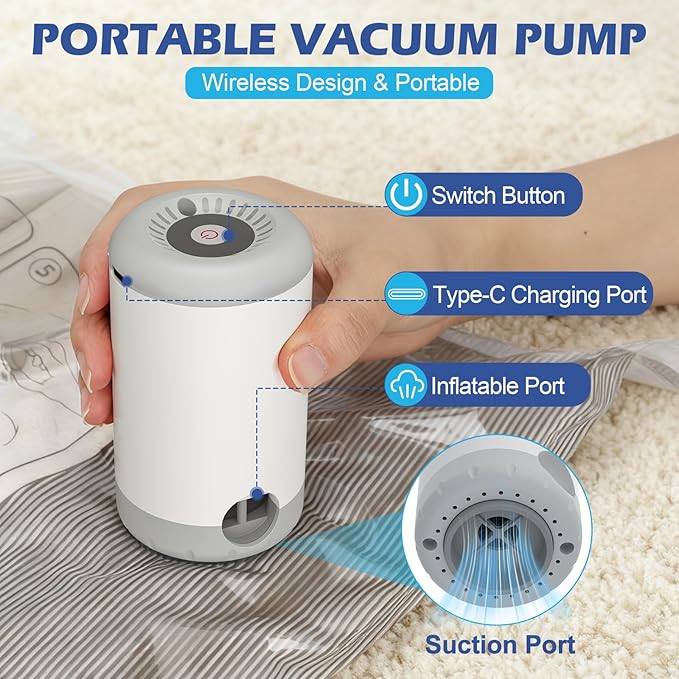 Fantictas Travel Vacuum Storage Bags with Rechargeable Air Pump, 15 Pack Portable Space Saver Bags, Compression Bags for Clothing, Bedding, Seasonal Storage & Packing Bags for Moving