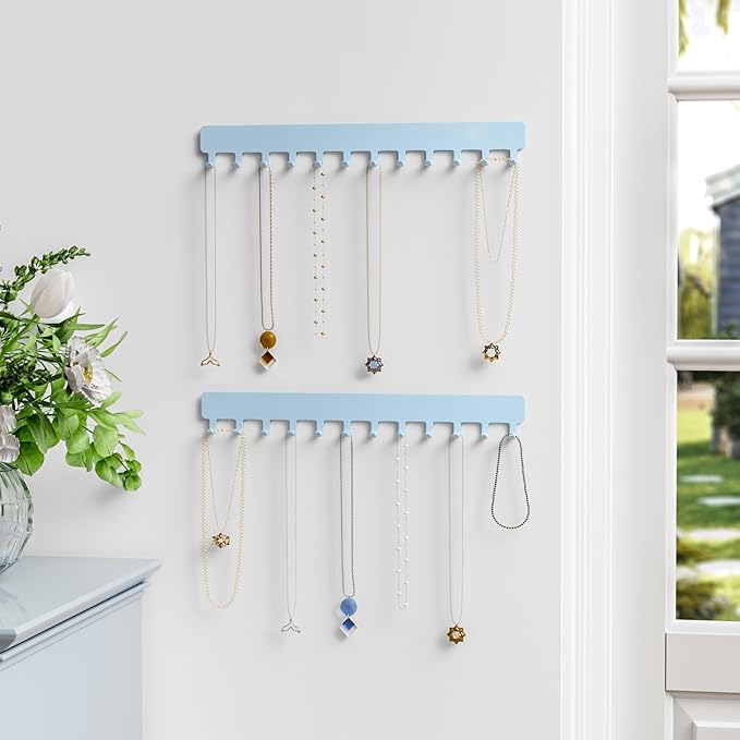 bussdis Necklace Organizer Wall Mount: Wall Necklace Hanger with Hooks for Tangle-Free Storage – Easy Access Wall Mounted Necklace Holder for Jewelry Display, Baby Blue