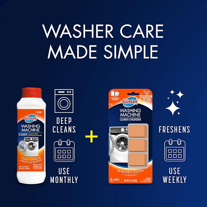 Glisten Washing Machine Cleaner and Freshener Deodorizer for All Top Load and Front Load Washers and HE Machines, Made in the USA, Fresh Scent, 9 Tablets
