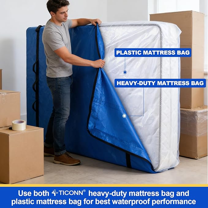 TICONN 2PK Plastic Mattress Bag for Moving Storage, Waterproof Mattress Protector Cover, Heavy-Duty Mattress Moving Supplies (1.5 mil, King)