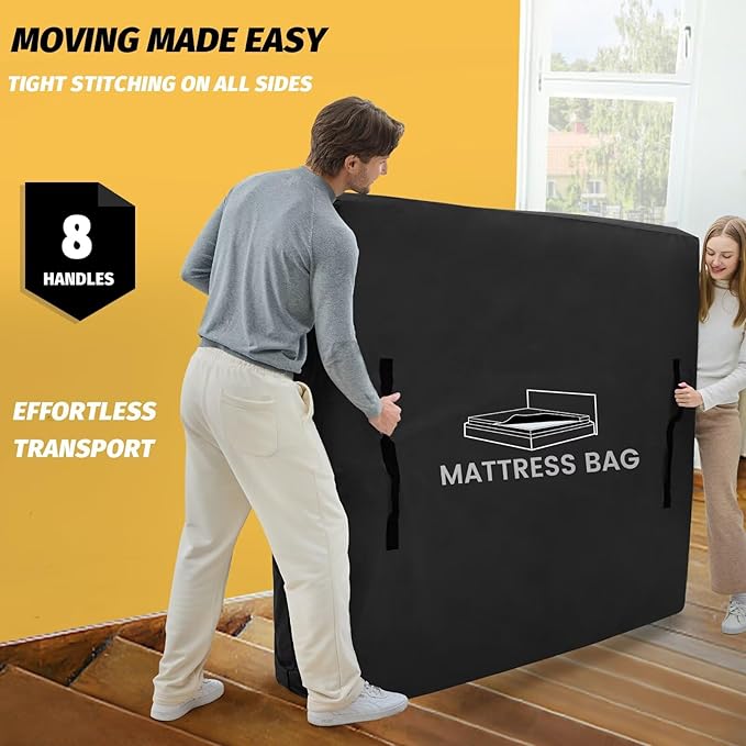 Mattress Bags for Moving and Storage, BETU Queen Mattress Protector Waterproof Mattress Cover with 8 Heavy Duty Handles and Zipper Extra Thick Moving Supplies for Bed Reusable (82x62x13.5 Black)