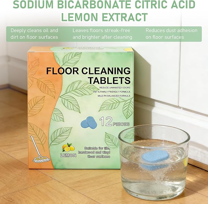 Floor Cleaner Tablets Hard Floor Cleaner Tablets, Deep Cleans for Multiple Hard Floors for Tile, Vinyl, Hardwood, Fresh Lemon Scent, Compatible with Robot Mops & Wet/Dry Vacuums(2PCS)
