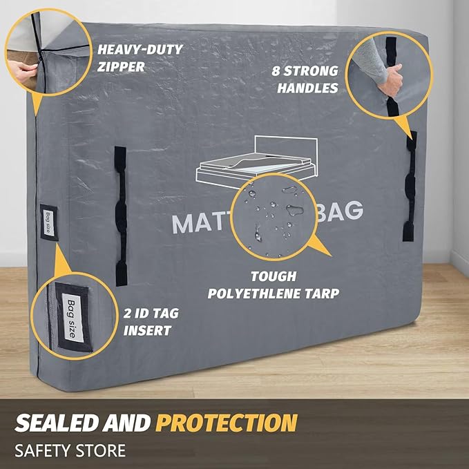 Mattress Bags for Moving and Storage, BETU Twin Mattress Protector Waterproof Mattress Cover with 8 Heavy Duty Handles and Zipper Extra Thick Moving Supplies for Dorm Bed (2 Pack:77x42x13.5 Grey)