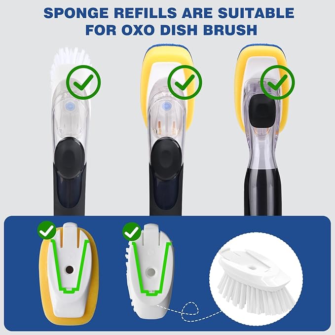 Sponge Brush Refills for OXO Dish Brush, 6 Pack Soap Dispensing Dish Refills, Scrub Replacement Head for Scrubber, Sponge Replacement Head Fits Soap Dispensing Handle