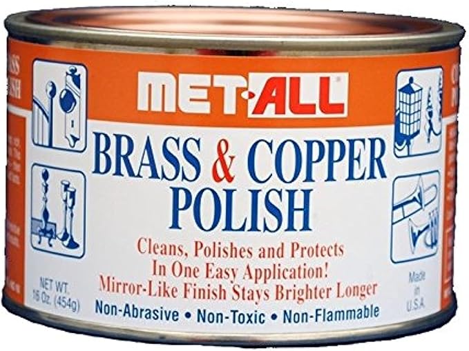 MET-ALL BC-10 Brass & Copper Polish 16oz Cleans, Polishes, Protect Oxidation & Tarnish Removal on Antiques, Rails, Ships, Elevators Leaving Protective Barrier + EXTRA LARGE Microfiber Polishing Cloth