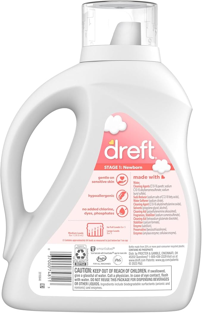 Dreft Stage 1 Newborn Baby Liquid Laundry Detergent, Gentle on Sensitive Skin, HE Compatible, 64 loads