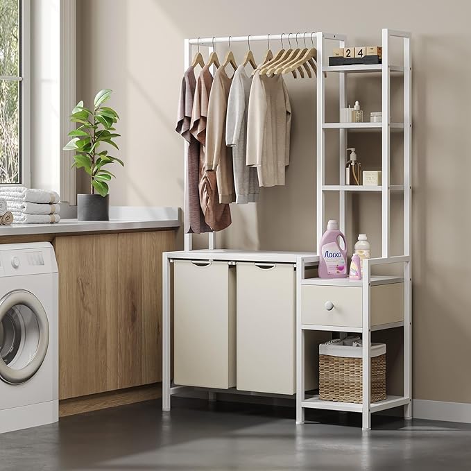 Creso hom Laundry Hamper with Shelf, 5 Tiers Tall Laundry Basket Sorter with 2 Pull-Out and Removable Bags, Clothes Rack with Laundry Sorter for Laundry Room Bathroom Bedroom, White