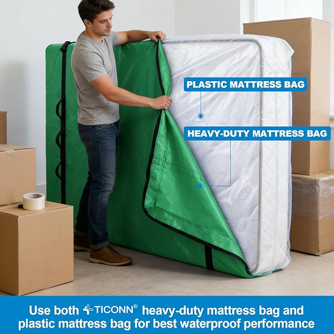 TICONN Mattress Bags for Moving, Heavy Duty Full XL Mattress Cover Storage Bag with Full-Around Handle and Adjustable Buckles (Green, Full XL)
