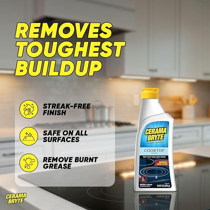 Cerama Bryte Glass Cooktop and Stove Top Cleaner Combo Kit - Includes Cleaning Tool, Razor, Scraper and 1 Pad to Remove Tough Stains - Use on Gas, Electric, Ceramic Surfaces, 18 Ounces, 4 Piece
