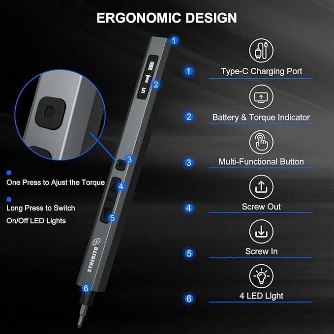 STREBITO Electric Screwdriver Upgraded 155 in 1 Mini Electric Cordless Screwdriver, 140 S2 Steel Magnetic Bits, 5 Torque Settings, Electronics Repair Tool Kit for Computer, Phone, Gaming, RC, Camera