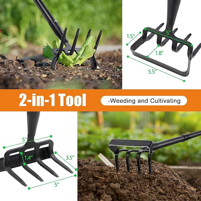 Garden Hoe Tool - Heavy Duty 2 in 1 Scuffle Hoes with Cultivator Tiller for Weeding Grass,Loosening Soil,Sharp Blade,36-60” Long Handle,Push Pull Action Hoe with Scraper Rake for Gardening