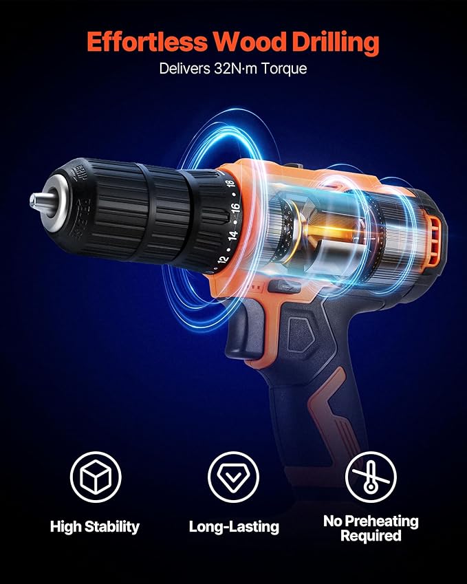 VEVOR Cordless Drill Driver, 1/2 inch Metal Chuck, Dual-Speed Variable, Drill Driver Kit with Lithium Battery and Charger, Belt Clip, for Wood and Metal Drilling, Screw Tightening or Loosening
