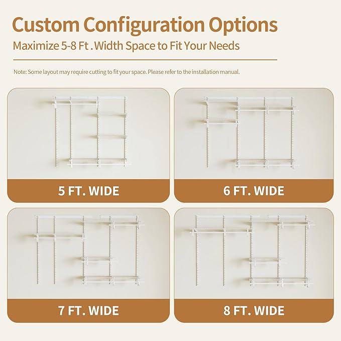 PROWORX 5-8 Ft Closet Organizer System, White Adjustable Custom Metal Wire Shelving Wall Mounted, Expandable Organization and Storage Shelf Kit with Hanging Rods