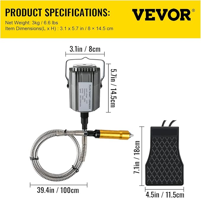 VEVOR Flex Shaft Grinder 780W Rotary Tool 500-23000RPM Rotary Carver with 1/4" 3-Jaw Chuck & Stepless Speed Foot Pedal Hanging Grinding Machine 131PCS Accessories for Jewelry Polishing Grinding DIY