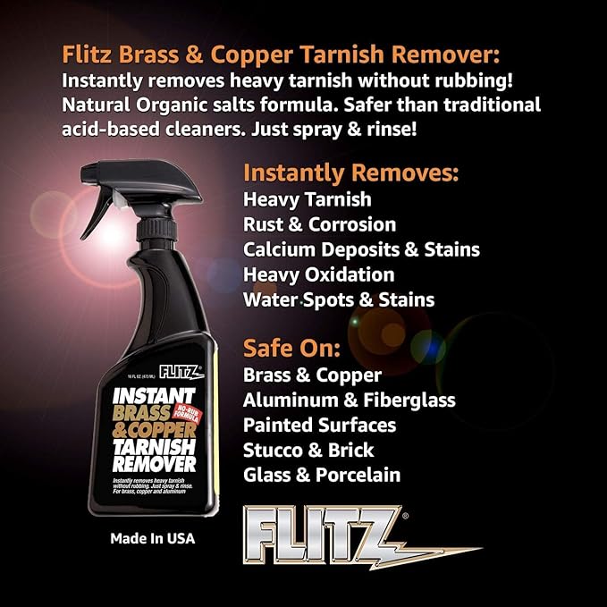 Flitz Instant Brass and Copper Tarnish Remover - 16oz Bottle of USA-Made Organic Rust Remover Spray (No-Rub) - Removes Stains & Oxidation from Glass & Aluminum - Brass Cleaners That Work (12 Pack)