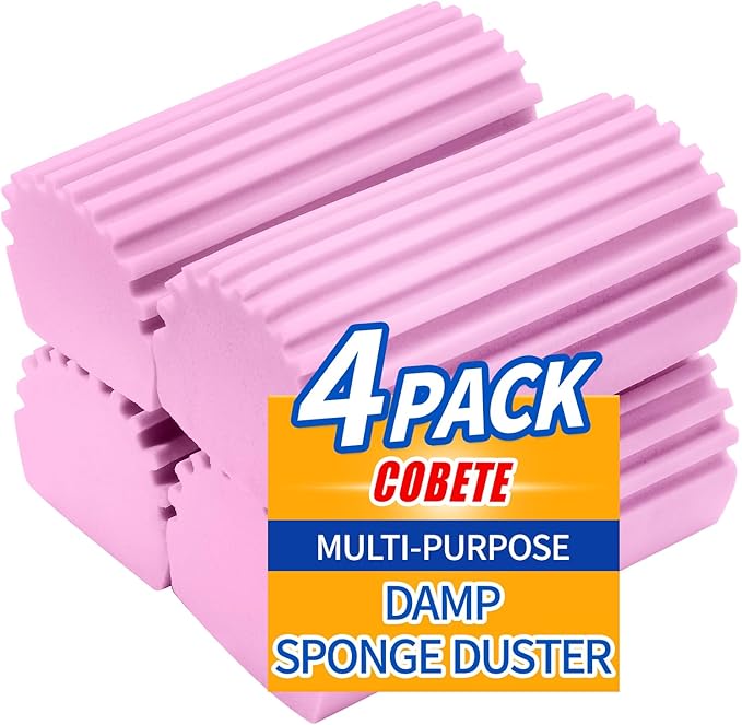 COBETE Damp Clean Duster Sponge,4pack Magic Sponge Eraser,Reusable Damp Dusting Sponge Household Cleaning for Blinds, Glass, Baseboards,Radiators,Window Track Grooves(Pink)
