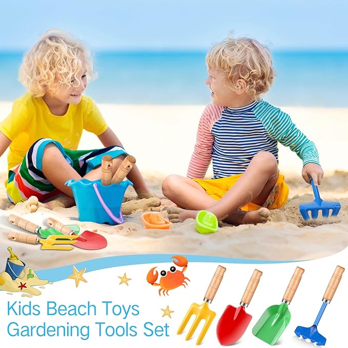 8" Kids Gardening Tools, Metal Beach Sandbox Digging Toys with Wooden Handle, Including Shovel, Rake, Fork and Trowel, Garden Sand Snow Tools for Children Gift Outdoor Gardening(24 Pcs)