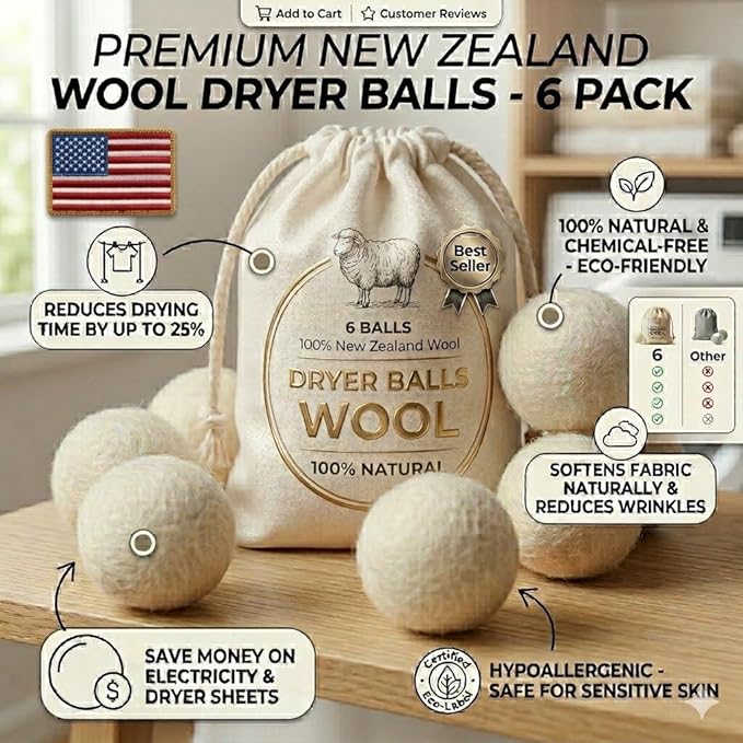 Premium Wool Dryer Balls – 6-Pack 100% Organic New Zealand Wool – Natural Fabric Softener, Hand-Felted, Reusable – Reduces Drying Time, Static & Wrinkles – Eco-Friendly Laundry Solution