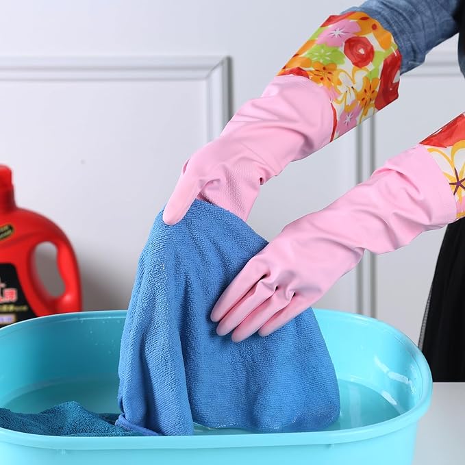 Bamllum 2 Pairs Rubber Cleaning Gloves, Household Kitchen Dishwashing Gloves with Cotton Flocked Liner, Long Cuff 16 Inches (Yellow+Pink, Medium)