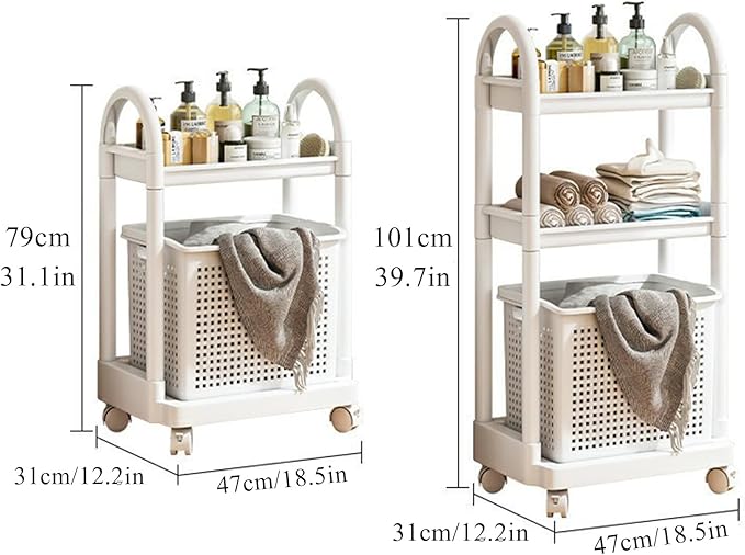 Layered Storage Laundry Basket, Hollow Rectangular Clothes Storage Rack with Wheels,Freestanding Clothes Hamper for Kitchen Bathroom Bedroom Laundry Room(47x101cm(18.5x39.7in), White)