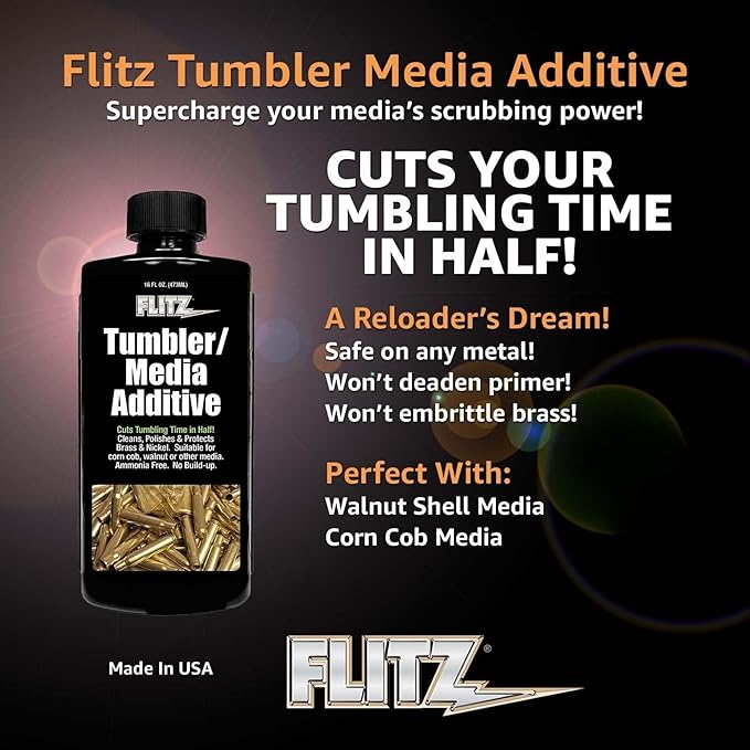 Flitz Tumbler Media Additive - 7.6oz Bottle of USA-Made Brass Cleaner Reloading Liquid for Ammo, Copper, & All Metals - Ammonia-Free Tumbling Polish to Remove Oxidation, Powder Residue (6 Pack)