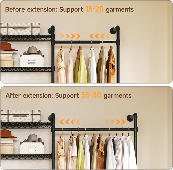 L3 Industrial Pipe Closet Organizer System, Wall Mounted Clothes Rack Clothing Racks with 4 Telescopic Rods & 6 Shelves , Heavy Duty Closet System in Wardrobe Closet (Black)
