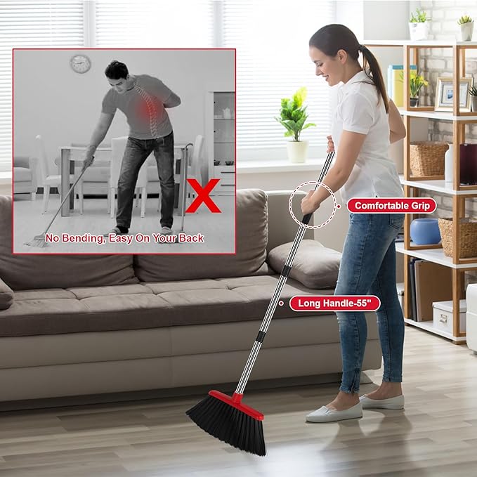 Heavy Duty Angle Broom, 55-Inch Long Handle Extra Wide 12.6 Inch Head, Stainless Steel Tube & PP Bristles for Pet Hair and Dust, Floor Safe - Red